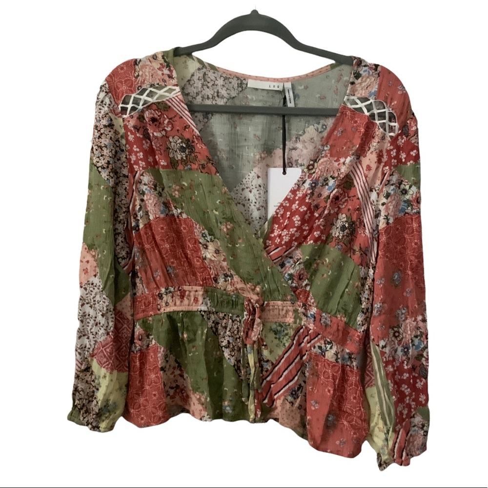 Patchwork Blouse Longsleeve Wrap Women Top
